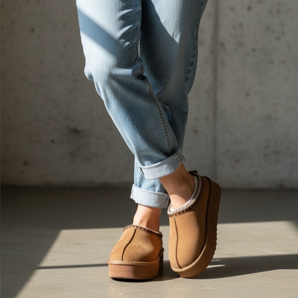 NIB Brand New Very G Charlie Platform Vegan Suede Fur Slippers Slides Tan Shoes - Picture 6 of 6